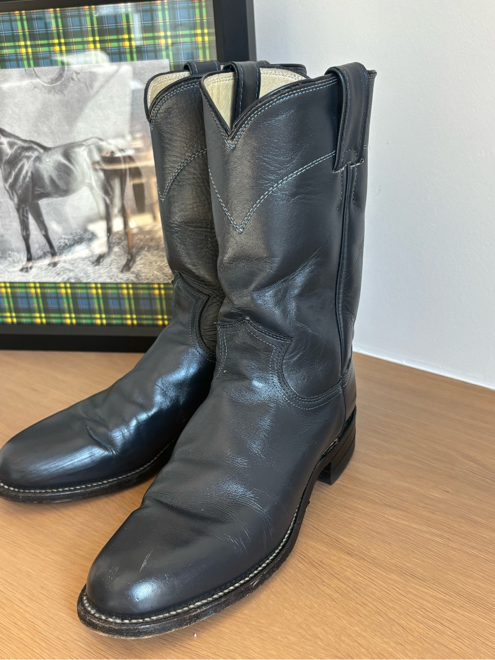 Justin Boots Navy Leather Pull-On Western Boots. JACKSON 10" ROPER - Picture 4 of 8